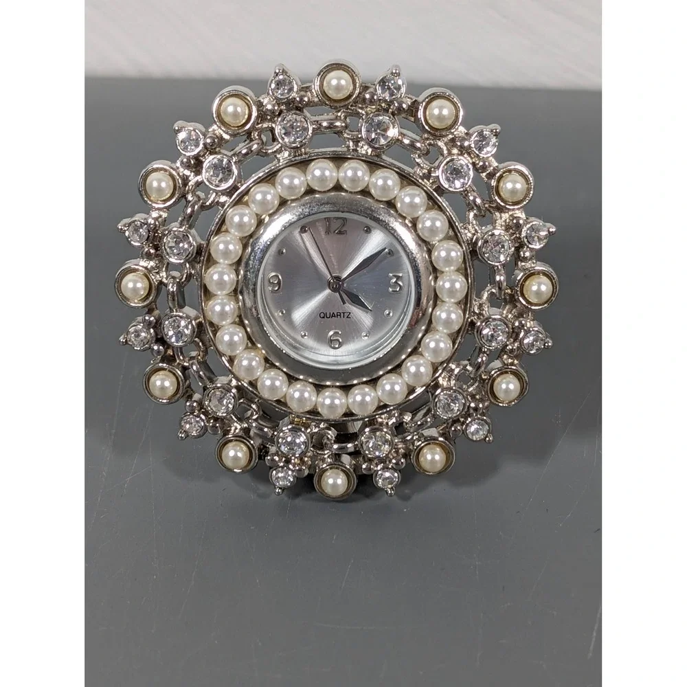 Silver Tone Faux Pearl Rhinestone Desk Clock Vanity Decor Working New Battery